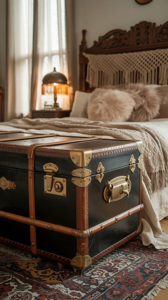 Vintage trunk at the foot of a boho bed for stylish storage Vintage trunk at the foot of a boho bed for stylish storage