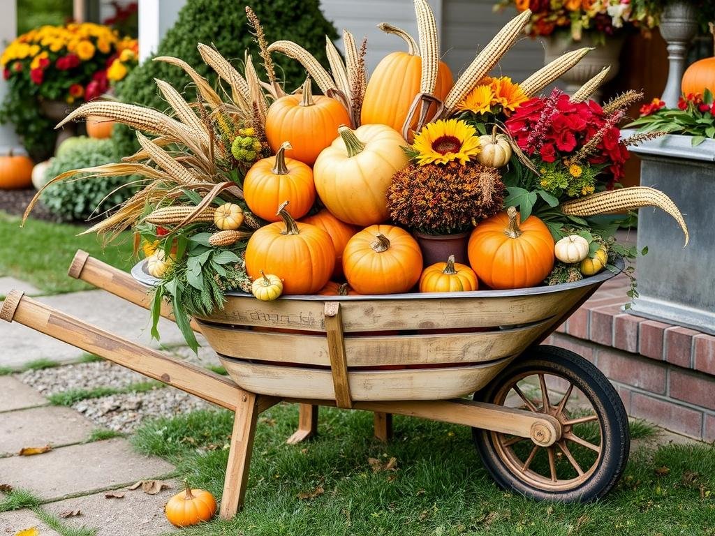 Vintage wheelbarrow filled with pumpkins, gourds and fall flowers for outdoor fall decor ideas Vintage wheelbarrow filled with pumpkins, gourds and fall flowers for outdoor fall decor ideas