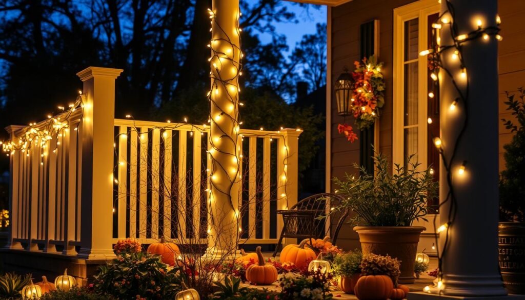 Warm fairy lights strung on porch railings and plants for outdoor fall decor ideas Warm fairy lights strung on porch railings and plants for outdoor fall decor ideas