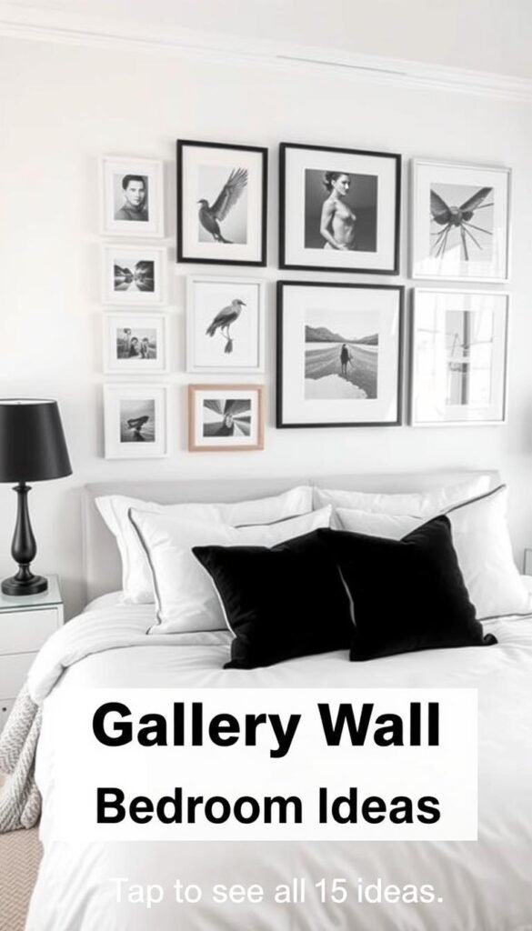 White bedroom with black framed gallery wall and contrasting bedding White bedroom with black framed gallery wall and contrasting bedding