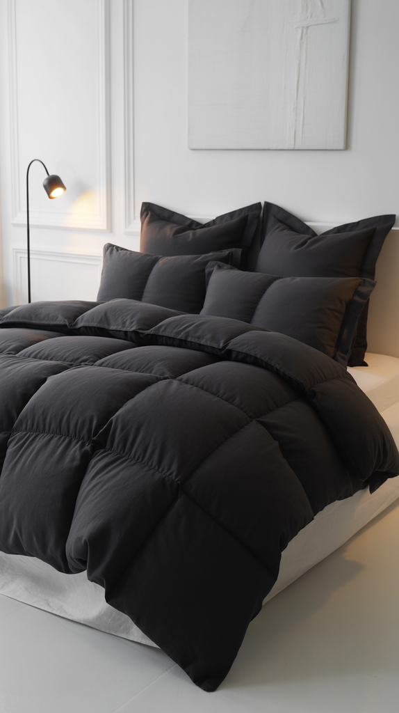 White-walled bedroom with dramatic black bedding and minimal accents White-walled bedroom with dramatic black bedding and minimal accents