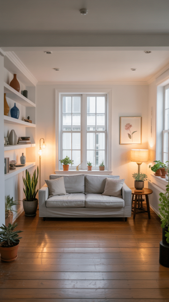A cozy and inviting small living room, bathed in soft natural light streaming through large windows. A plush white sofa takes center stage, accented with pastel throw pillows. Shelves along the walls display decorative vases, framed artwork, and potted plants in soothing hues of green, blue, and pink. The room is illuminated by warm, dimmable overhead lighting that casts a gentle glow, complemented by a trio of table lamps with linen shades. The overall atmosphere is one of tranquility and harmony, highlighting how thoughtful use of color and lighting can elevate even the most compact of spaces. Sunlit living room with two tan leather sofas, beige and gray throw pillows, a dark wood coffee table holding books, a round sculpture, and a lit candle. Exposed wooden ceiling beams, tall windows, a dark wood media console with framed black-and-white art, and a tall green plant complete the warm, neutral-toned space.