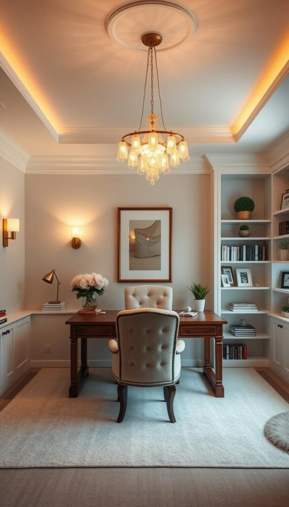 a cozy and feminine home office with soft, ambient lighting. the room has warm, golden-toned wall sconces that cast a gentle glow, complemented by a statement pendant light fixture with delicate, flowing glass shades. a large, wooden desk sits in the center, with a plush, tufted office chair tucked underneath. bookshelves line the walls, their surfaces dotted with personal decor and potted plants. the overall atmosphere is one of tranquility and sophistication, creating an inviting and productive workspace.