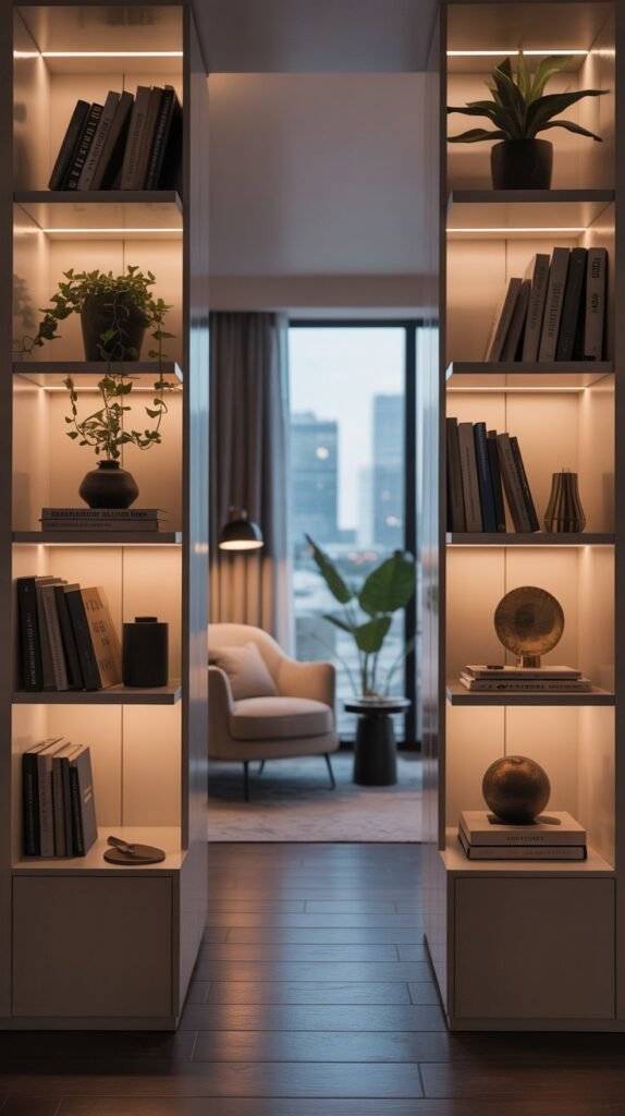 A meticulously crafted vertical composition showcasing a small but impeccably designed living space. The foreground features a sleek, minimalist bookshelf unit with floating shelves, expertly organizing books, plants, and decorative accents. The middle ground highlights a cozy, understated seating area with a plush armchair and a side table, bathed in warm, diffused lighting. In the background, a large window frames a cityscape, providing a sense of depth and connection to the outside world. The overall atmosphere is one of refined elegance, highlighting how thoughtful vertical design can maximize the potential of a compact interior. The image should convey a magazine-worthy aesthetic that inspires readers to reimagine their own small spaces. A meticulously crafted vertical composition showcasing a small but impeccably designed living space. The foreground features a sleek, minimalist bookshelf unit with floating shelves, expertly organizing books, plants, and decorative accents. The middle ground highlights a cozy, understated seating area with a plush armchair and a side table, bathed in warm, diffused lighting. In the background, a large window frames a cityscape, providing a sense of depth and connection to the outside world. The overall atmosphere is one of refined elegance, highlighting how thoughtful vertical design can maximize the potential of a compact interior. The image should convey a magazine-worthy aesthetic that inspires readers to reimagine their own small spaces.
