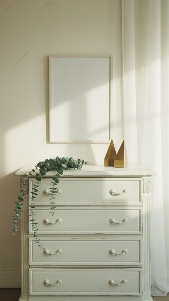 A white dresser with a cream-toned wall and a blank frame above it, decorated with a plant and a geometric object.