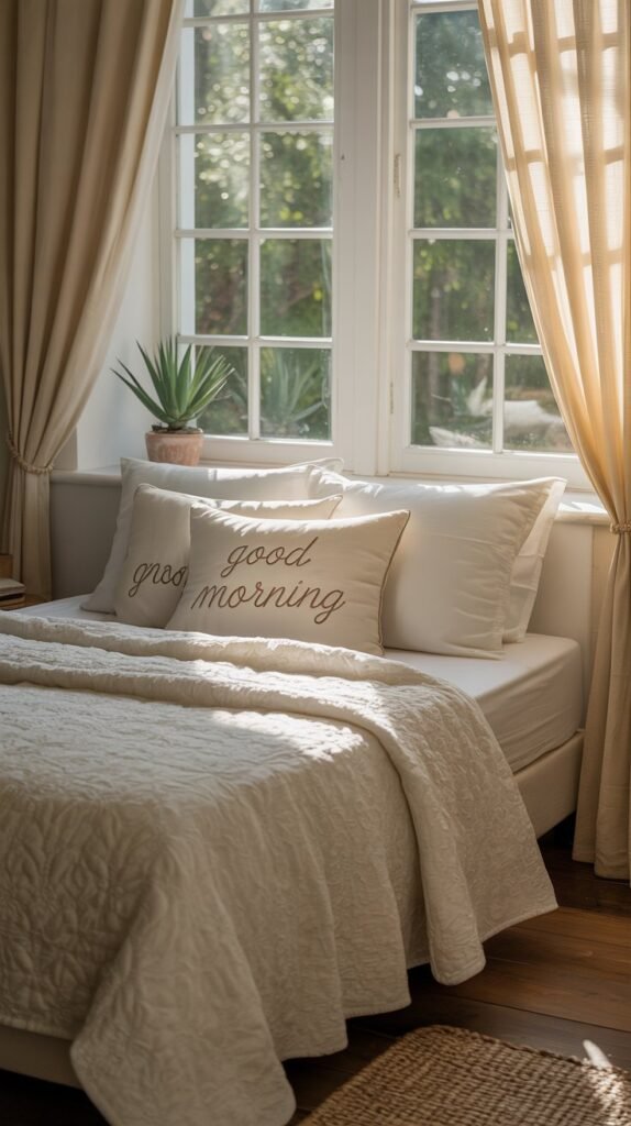 A bright bedroom with cream curtains and natural light streaming through the windows.