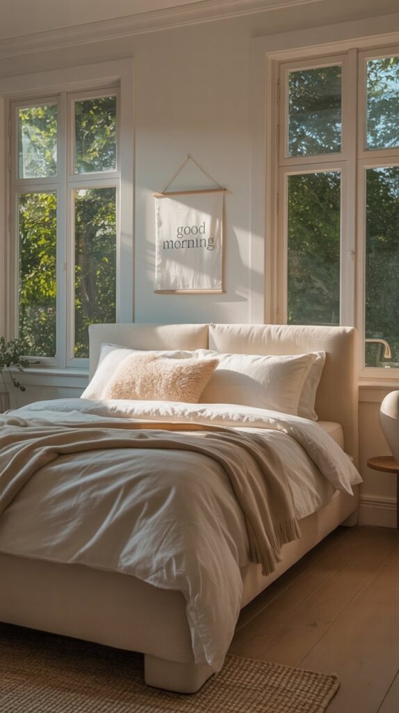 A serene cream and white bedroom with large windows, light wooden floor, and simple decor.