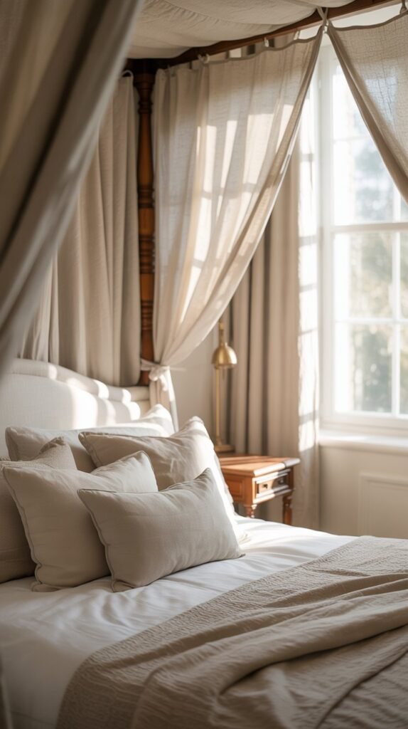 A cozy cream canopy bed with soft drapes and light-colored furniture in a bright room.