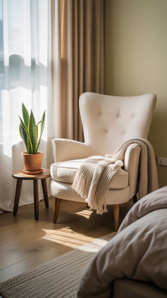 A cream-colored accent chair next to a small wooden side table with a plant, in a bright bedroom setting.