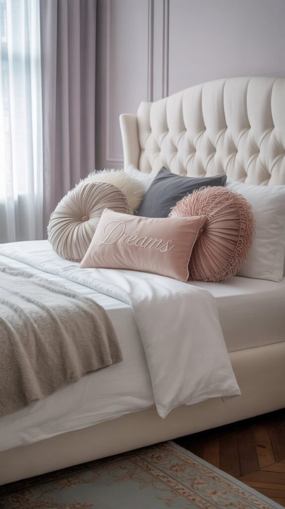 A white upholstered headboard with tufted design and decorative pillows on a bed.