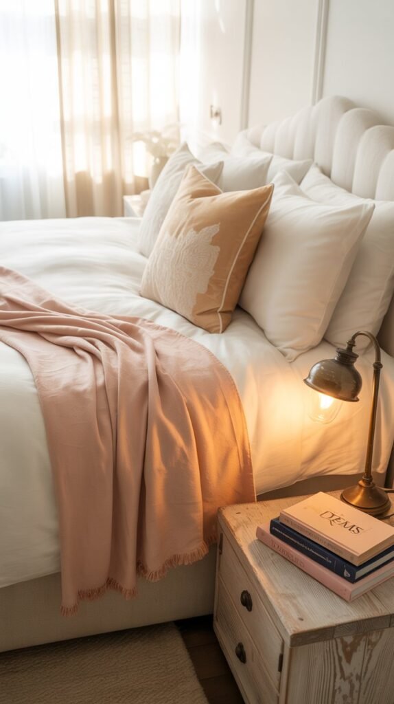 A cozy bedroom featuring luxe white bedding with a peach throw and decorative pillows.