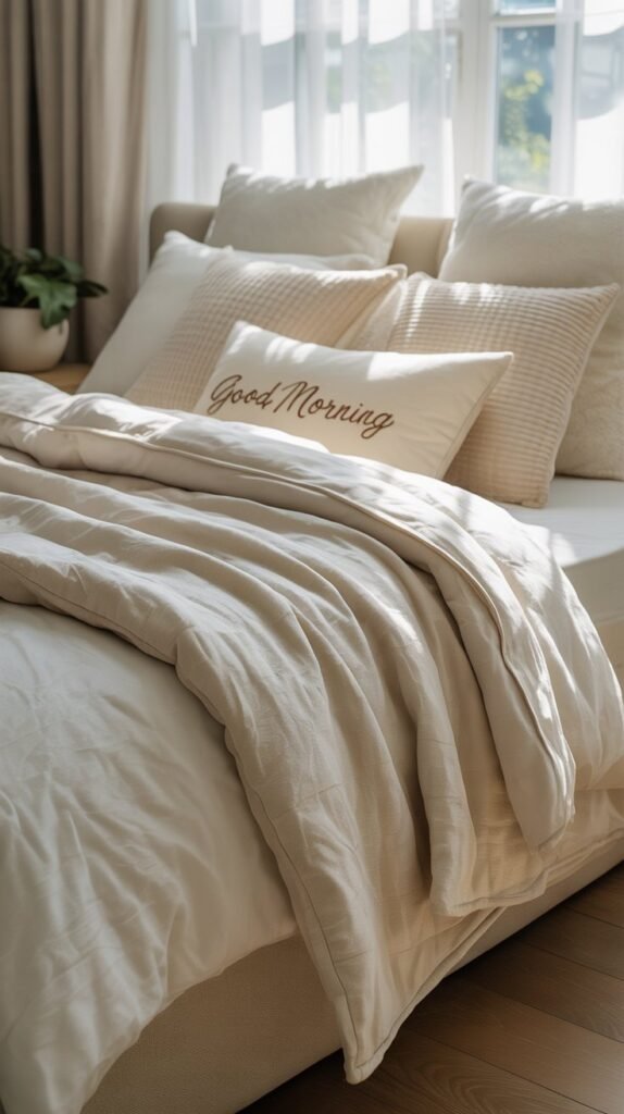 A cozy cream and white layered bedding setup with fluffy pillows and soft comforter, illuminated by natural light.