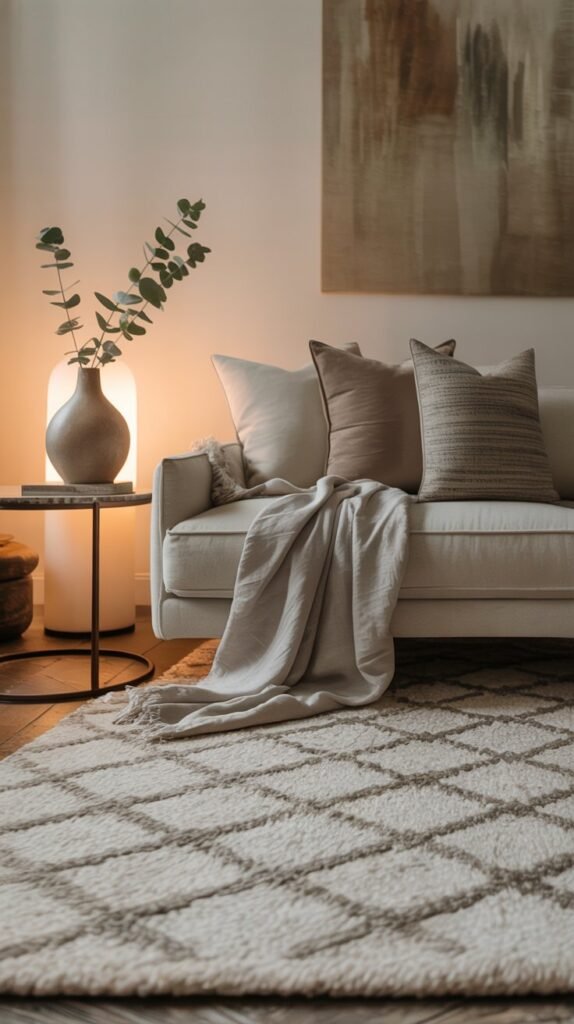 A minimalist, magazine-worthy scene of textiles and accessories that add professional polish to a small home. In the foreground, a plush, cream-colored area rug with a subtle geometric pattern. Draped across a sleek, low-profile sofa, a soft, light-gray linen throw blanket. On an end table, a modern ceramic vase holds a single sprig of eucalyptus. In the middle ground, a set of neutral-toned decorative pillows in varying textures and patterns. Behind, a wall adorned with a large, abstract canvas painting in muted earth tones. Overhead, warm, diffused lighting casts a cozy glow. The overall atmosphere is one of refined, effortless style. A minimalist, magazine-worthy scene of textiles and accessories that add professional polish to a small home. In the foreground, a plush, cream-colored area rug with a subtle geometric pattern. Draped across a sleek, low-profile sofa, a soft, light-gray linen throw blanket. On an end table, a modern ceramic vase holds a single sprig of eucalyptus. In the middle ground, a set of neutral-toned decorative pillows in varying textures and patterns. Behind, a wall adorned with a large, abstract canvas painting in muted earth tones. Overhead, warm, diffused lighting casts a cozy glow. The overall atmosphere is one of refined, effortless style.