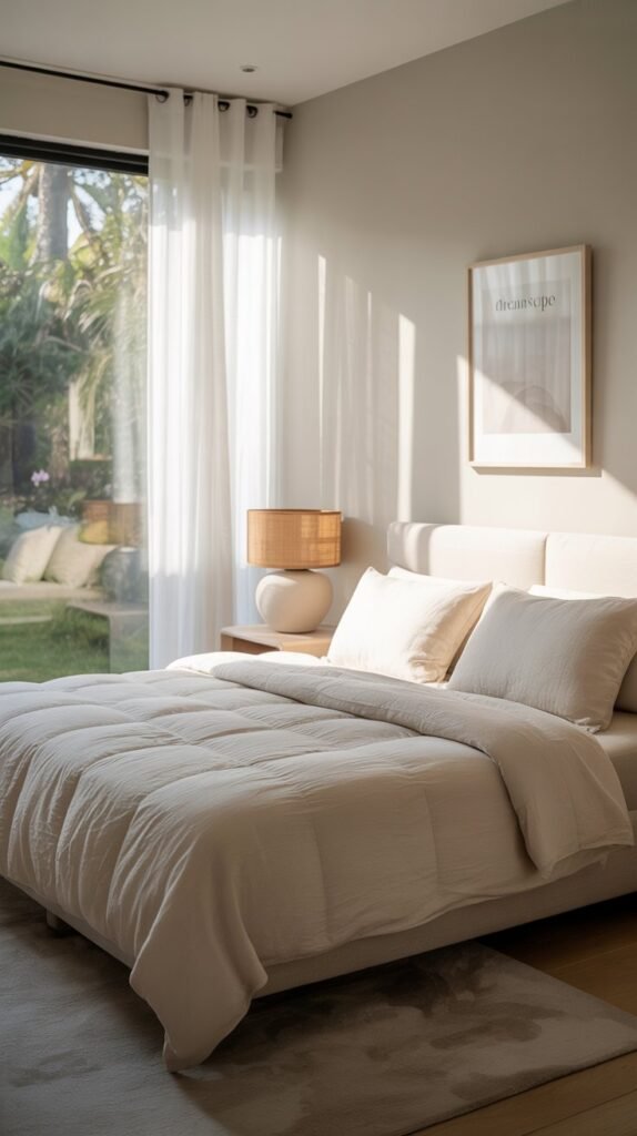 A cream and white themed bedroom featuring a bed with cream linens, a round lamp, and a large window allowing natural light.