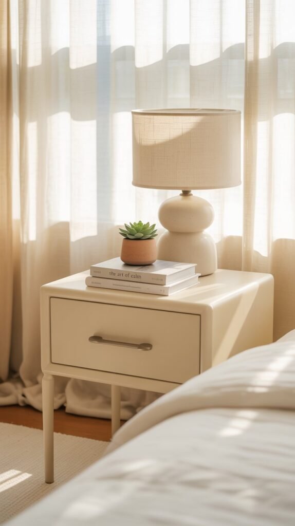 A minimalist cream nightstand with a lamp beside a bed in a cream and white bedroom