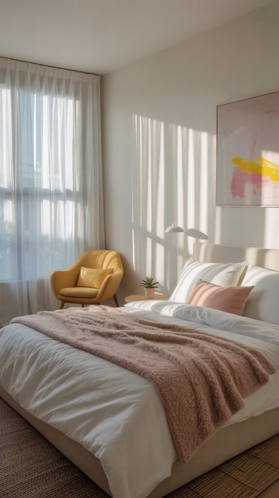 A modern minimalist bedroom featuring a pink and yellow color scheme with a bed, accent chair, and natural light.