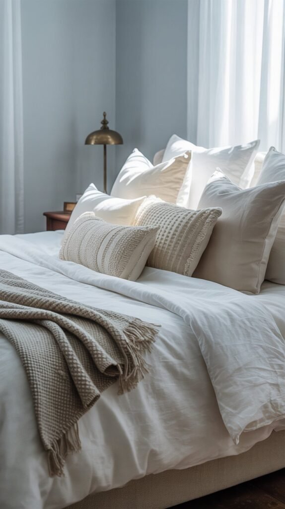 A bed with cream and white throw pillows arranged on it.