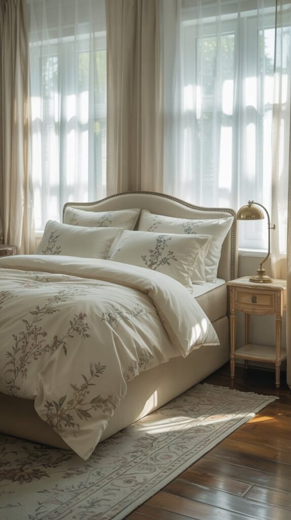 A cozy bedroom featuring cream and white floral patterns on bedding and curtains.