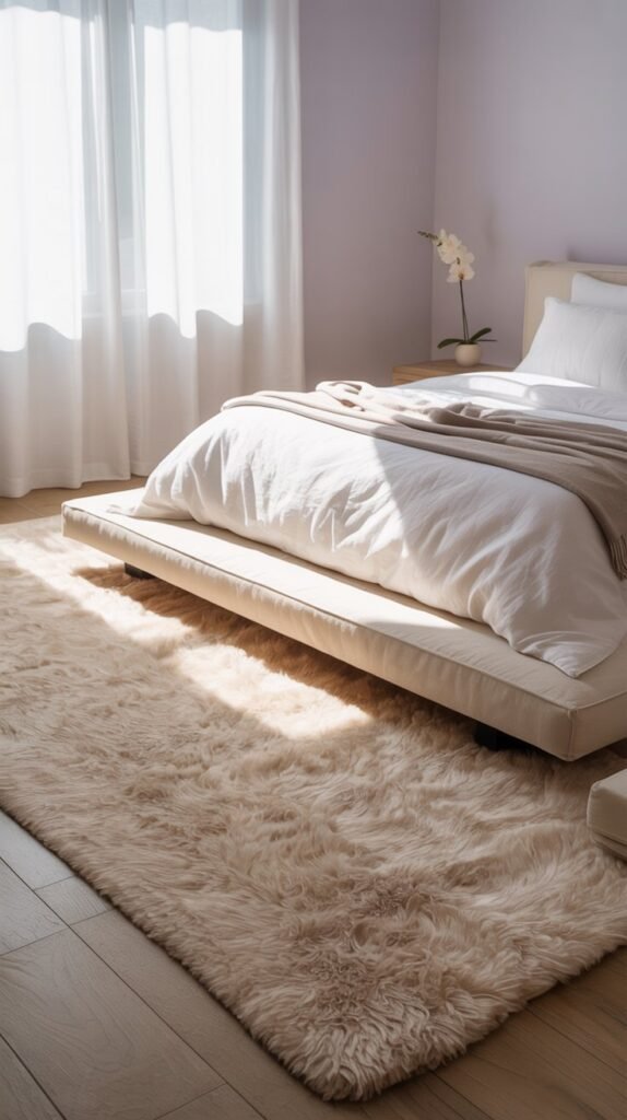 A bright bedroom featuring a large cream rug under a bed, with soft lighting and minimalistic decor.