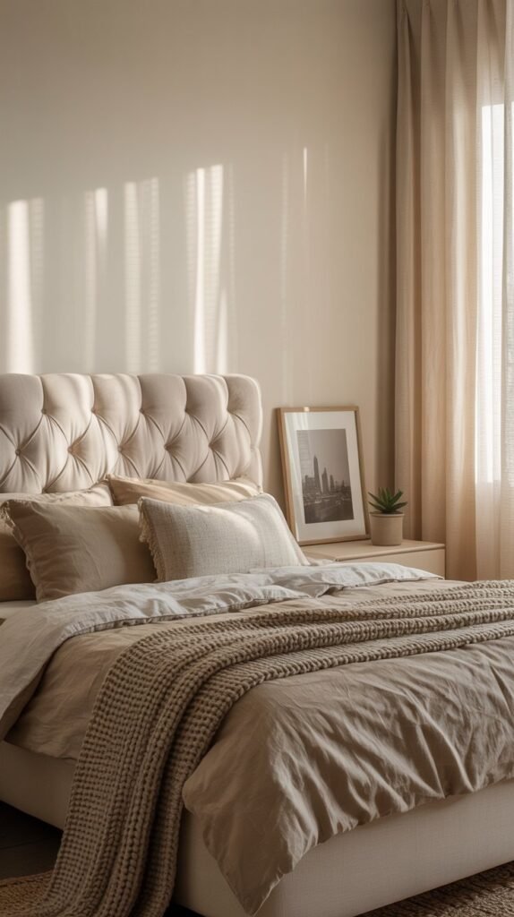 A cozy bedroom with a cream accent wall, featuring a beige tufted headboard, neutral bedding, and a framed black and white photo.