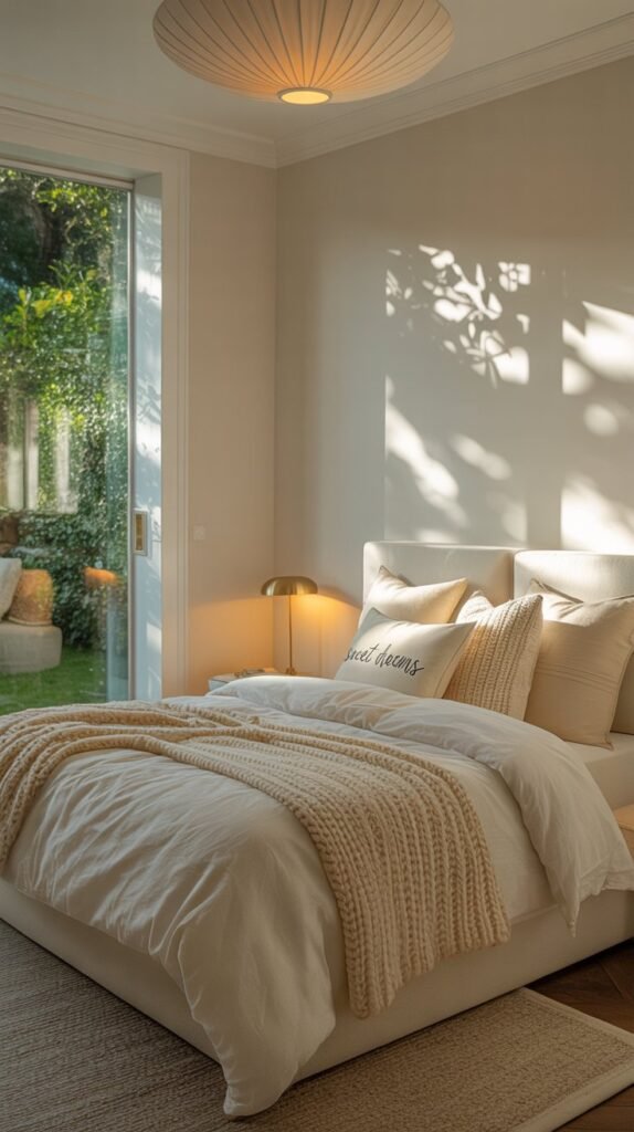 A cream and white bedroom featuring layered lighting with a ceiling fixture and bedside lamp.