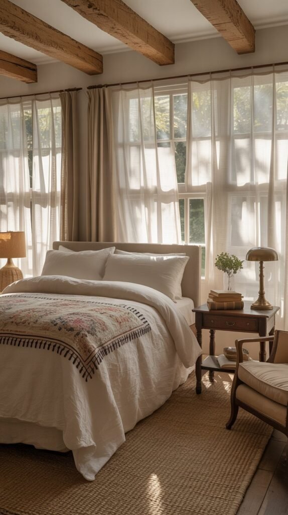 A cozy bedroom featuring rustic white furniture, wooden beams, and a soft color palette.