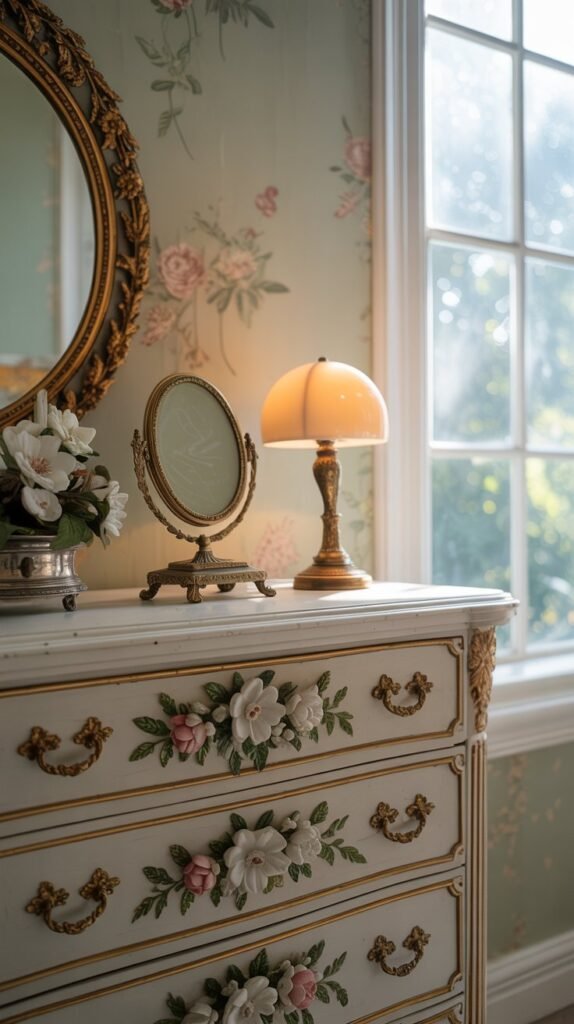 A vintage white dresser with gold hardware, decorated with flowers, a lamp, and a mirror, in a cream and white bedroom.