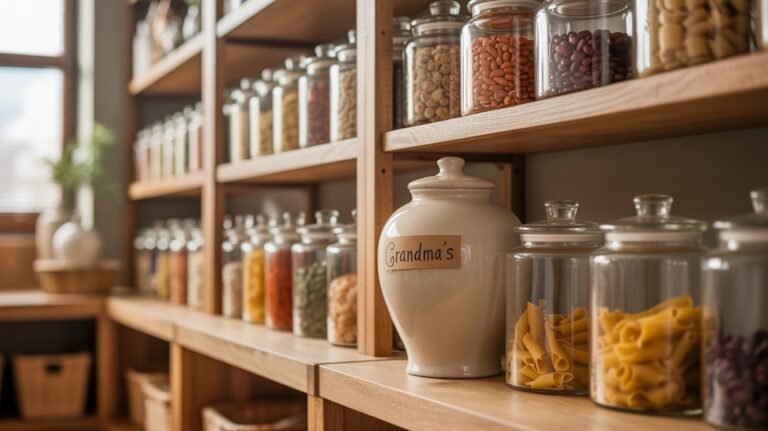 A photograph of a well-stocked pantry showcasing a variety of glass jars and canisters. The jars contain colorful dried beans, pasta, and spices, neatly arranged on wooden shelves with a warm, inviting feel. A single, handwritten label reading "GRANDMA'S" is affixed to a large ceramic cookie jar positioned prominently in the center. Soft, natural light streams in from a nearby window, highlighting the textures of the containers and creating a cozy, rustic ambiance.