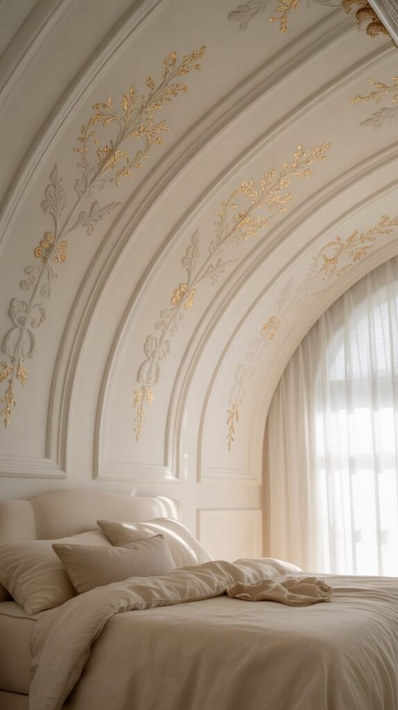 Artistic white ceiling design in a cream and white bedroom