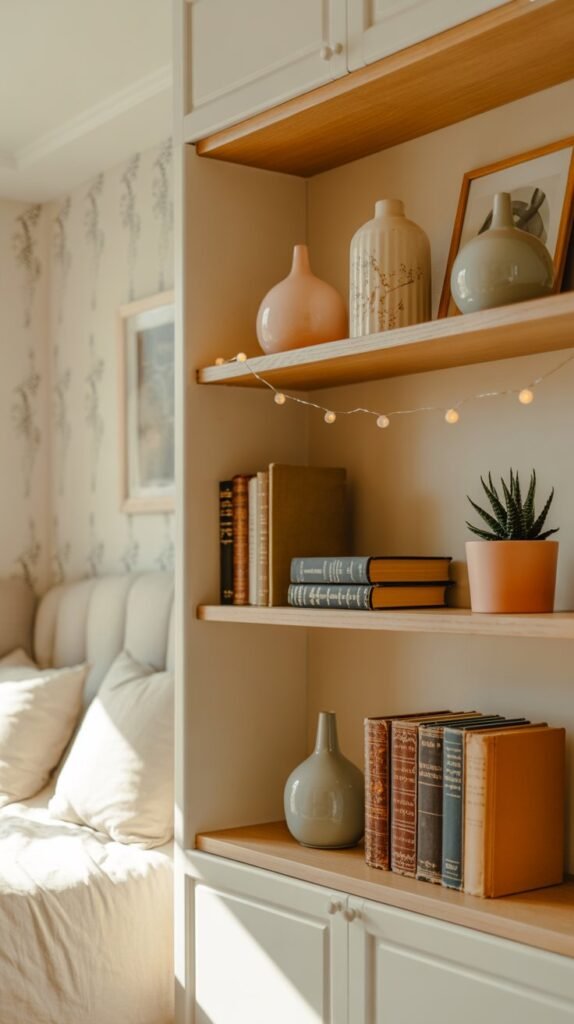 Open shelving in a cream bedroom featuring decorative items, books, and a cozy vibe.