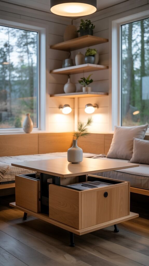 A cozy, minimalist tiny home interior with sleek, multi-functional furniture pieces that maximize every inch of space. In the foreground, a transforming coffee table seamlessly converts into a dining table. Floating shelves line the walls, displaying decorative items and storage solutions. In the middle ground, a space-saving murphy bed with a built-in desk and drawers folds discreetly into the wall. Soft, warm lighting from wall sconces and a pendant lamp creates a tranquil ambiance. The background features large windows overlooking a serene, natural landscape, blending the indoor and outdoor spaces. Muted color tones and clean lines evoke a Scandinavian design aesthetic, elevating the practical functionality of this tiny home. Cozy minimalist tiny home interior featuring a light oak transforming coffee table expanded into a white dining surface with a minimalist vase and greenery. Pale grey floating shelves hold ceramic vases and potted plants. A murphy bed with brushed steel hardware folds into the wall, while soft lighting from a pendant lamp and sconces highlights large windows overlooking a peaceful forest.