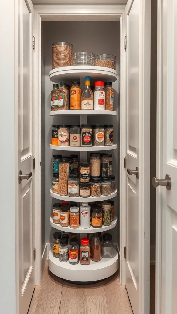A rotating spice rack in a walk-in pantry filled with various spice jars and containers.