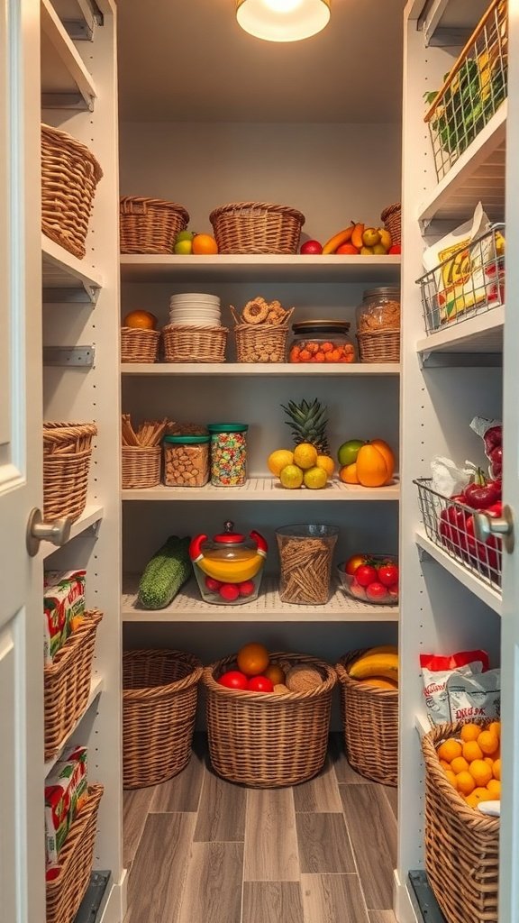A well-organized walk-in pantry featuring various baskets for loose items, including fruits, snacks, and baking supplies.