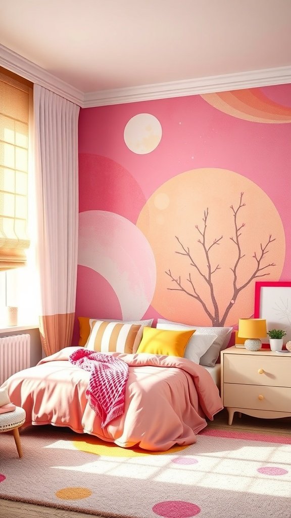 A cozy bedroom featuring a whimsical pink and yellow wall mural with soft shapes and a tree silhouette.