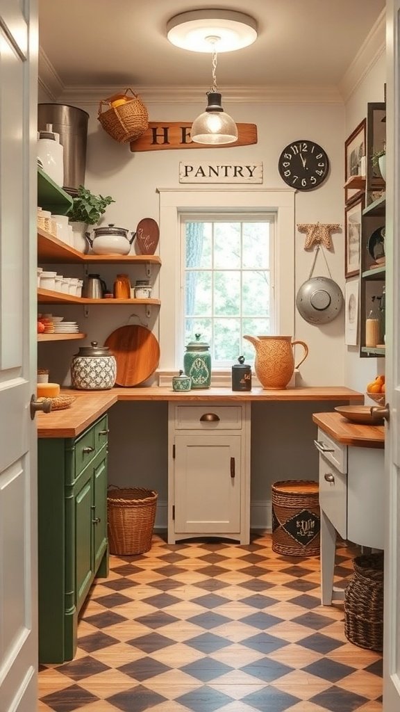 A vintage-inspired walk-in pantry featuring green cabinets, wooden countertops, decorative items, and a patterned floor.