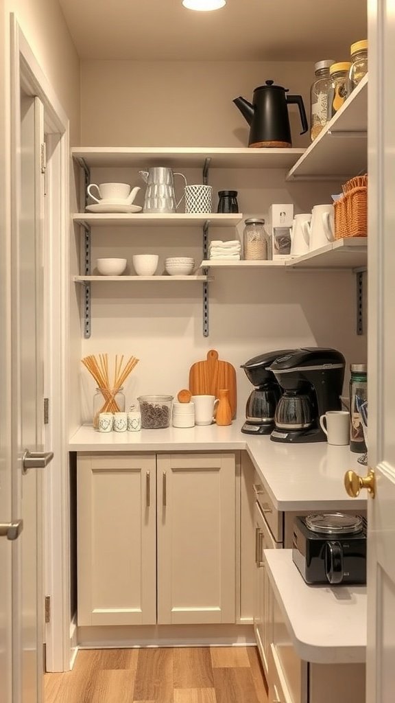 A cozy coffee corner in a walk-in pantry with shelves holding coffee essentials and a coffee maker.