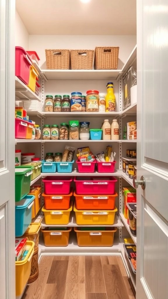 A colorful and organized walk-in pantry with labeled storage bins.