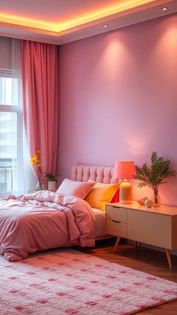 A cozy bedroom with pink walls, soft bedding, and ambient lighting.