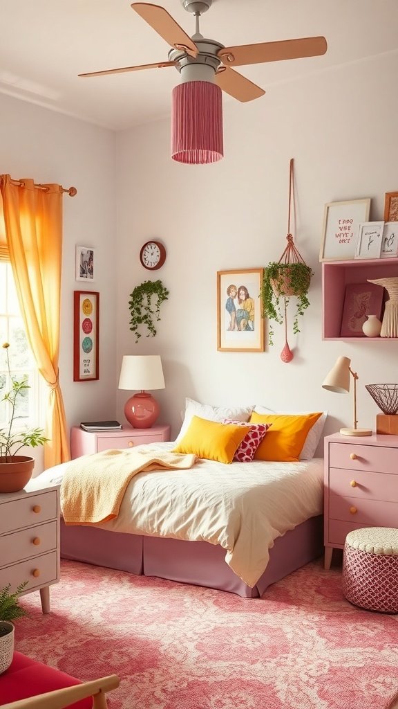 A stylish bedroom featuring pink and yellow decor, with eclectic accessories like plants, wall art, and colorful pillows.