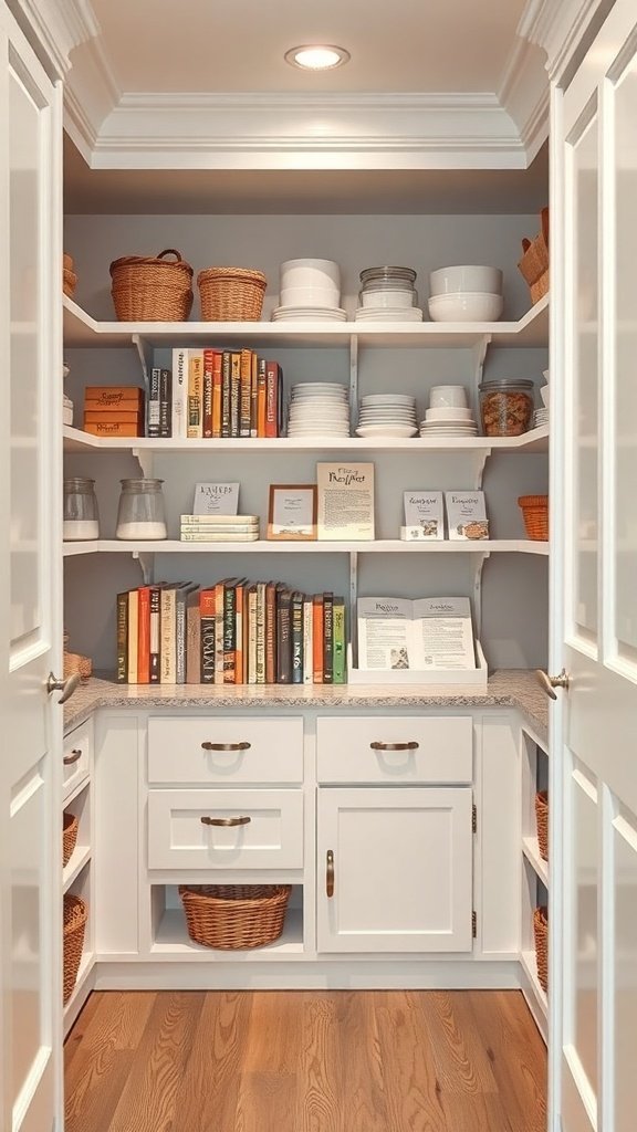 A well-organized walk-in pantry featuring shelves with cookbooks, plates, and baskets.