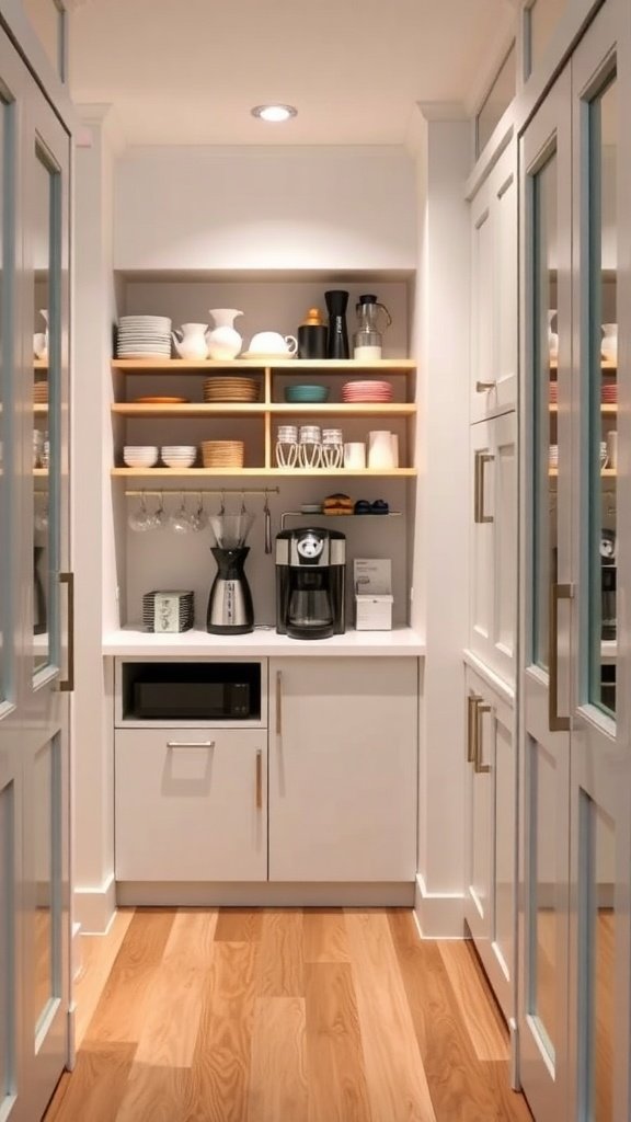 A well-organized beverage station in a walk-in pantry featuring shelves with mugs and glassware, a coffee maker, and a microwave.