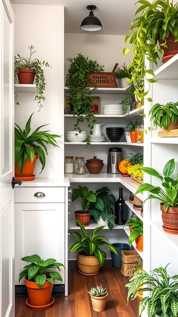 A walk-in pantry filled with various plants in pots, creating a fresh and inviting atmosphere.
