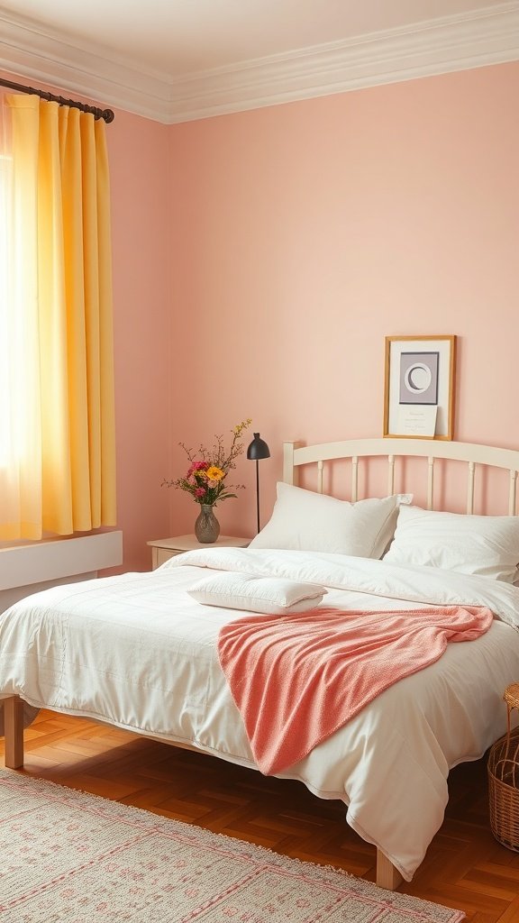 A cozy bedroom with pastel pink walls, yellow curtains, and a white bed with a coral throw.