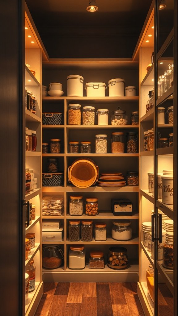 A well-organized walk-in pantry with illuminated shelves displaying jars and containers.