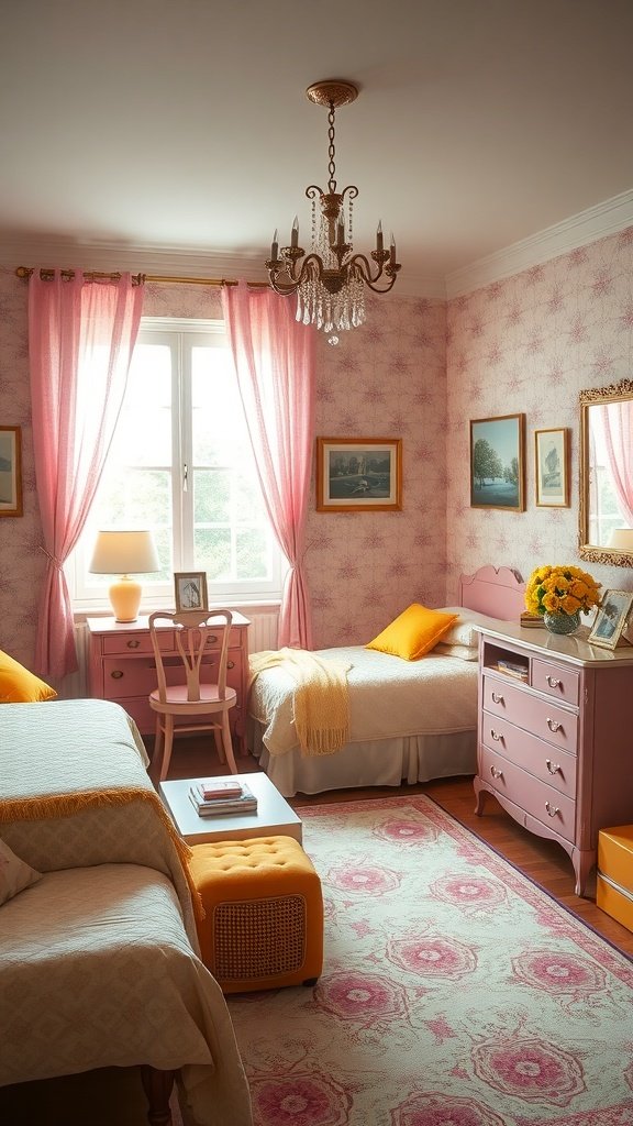 A vintage-inspired bedroom featuring pink furniture, yellow accents, and a chandelier.