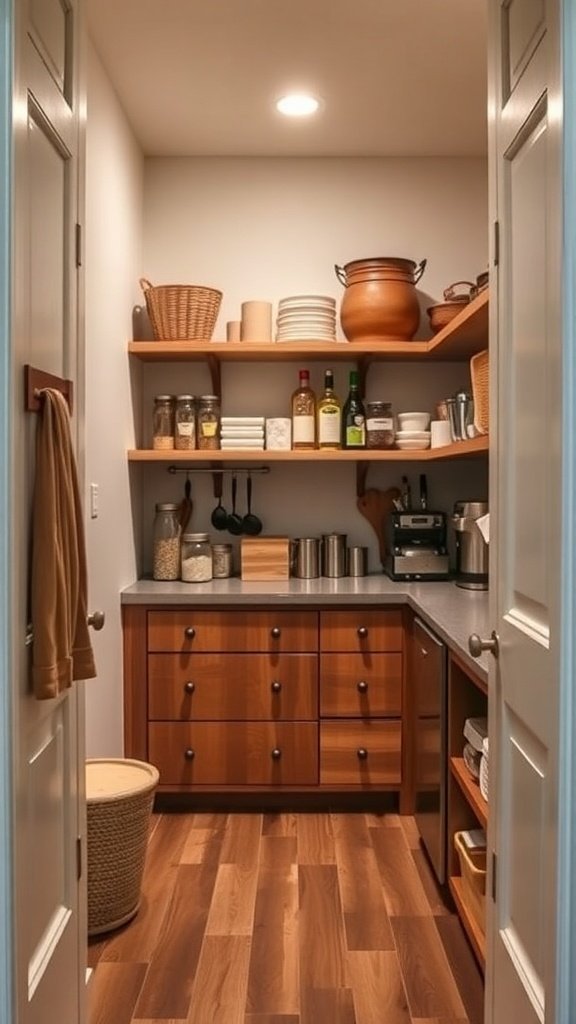 A well-organized walk-in pantry with wooden shelves, jars, and a countertop.