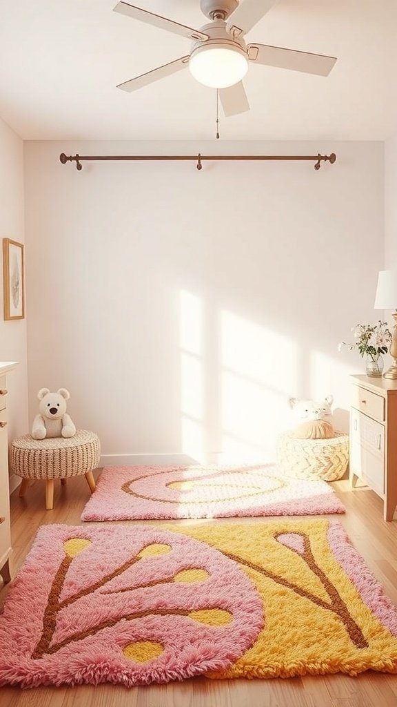 Two playful area rugs in pink and yellow with floral designs in a bright bedroom