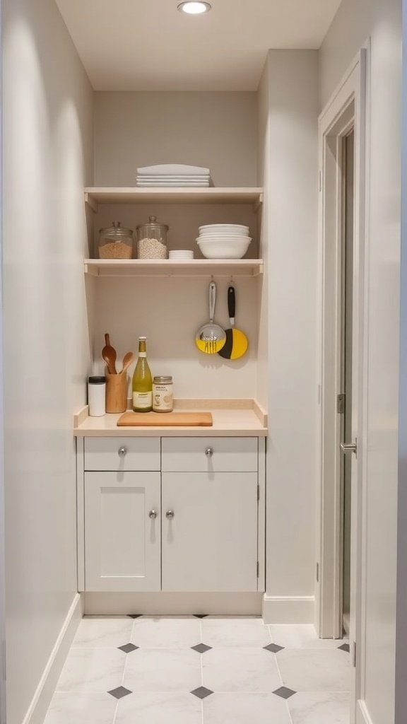 A small walk-in pantry featuring a countertop with utensils and storage above.