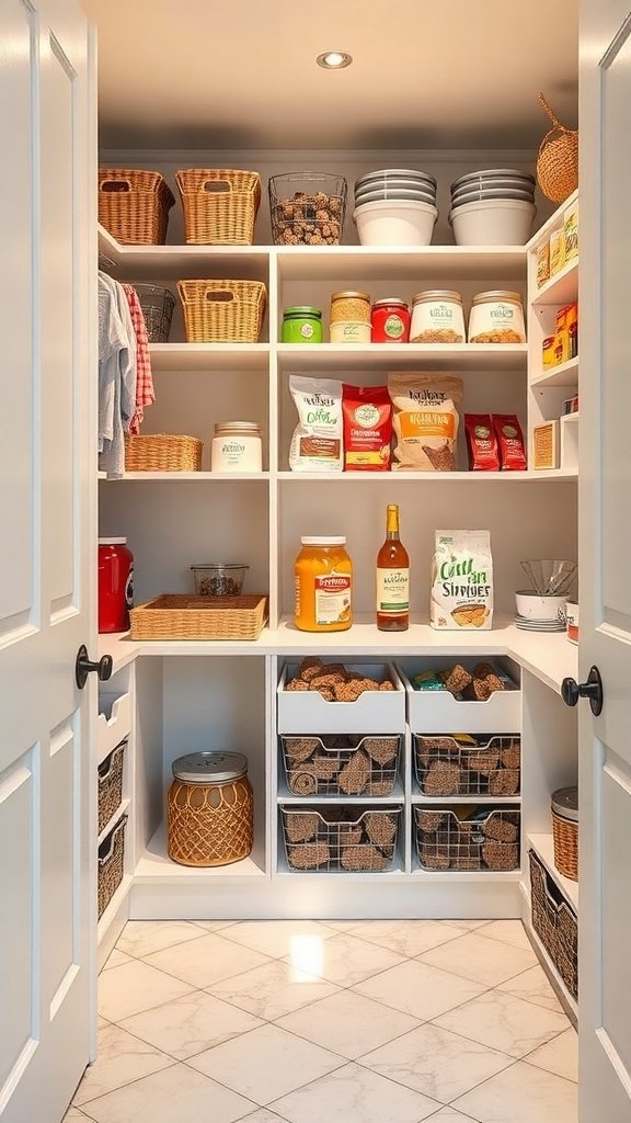 A well-organized walk-in pantry with shelves filled with food containers, baskets, and storage options.