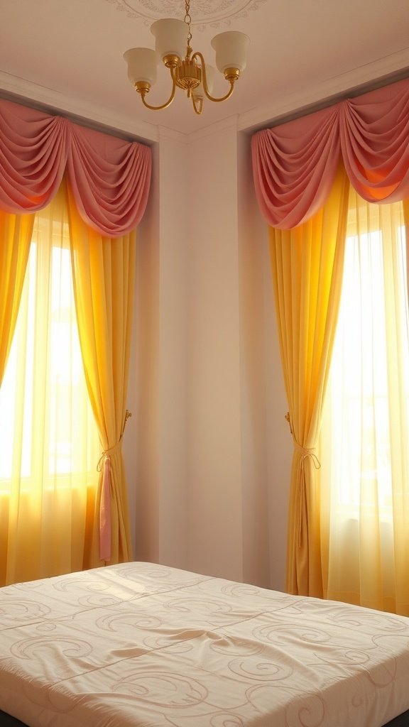 Pink and yellow curtains with a chandelier in a bedroom